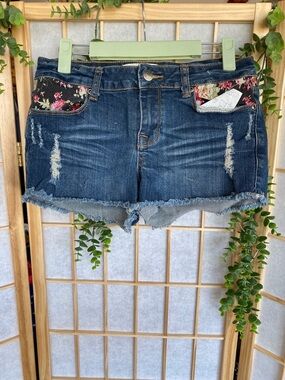 2.1 Denim Dark Blue Distressed Jean Shorts with Floral Pocket Trim